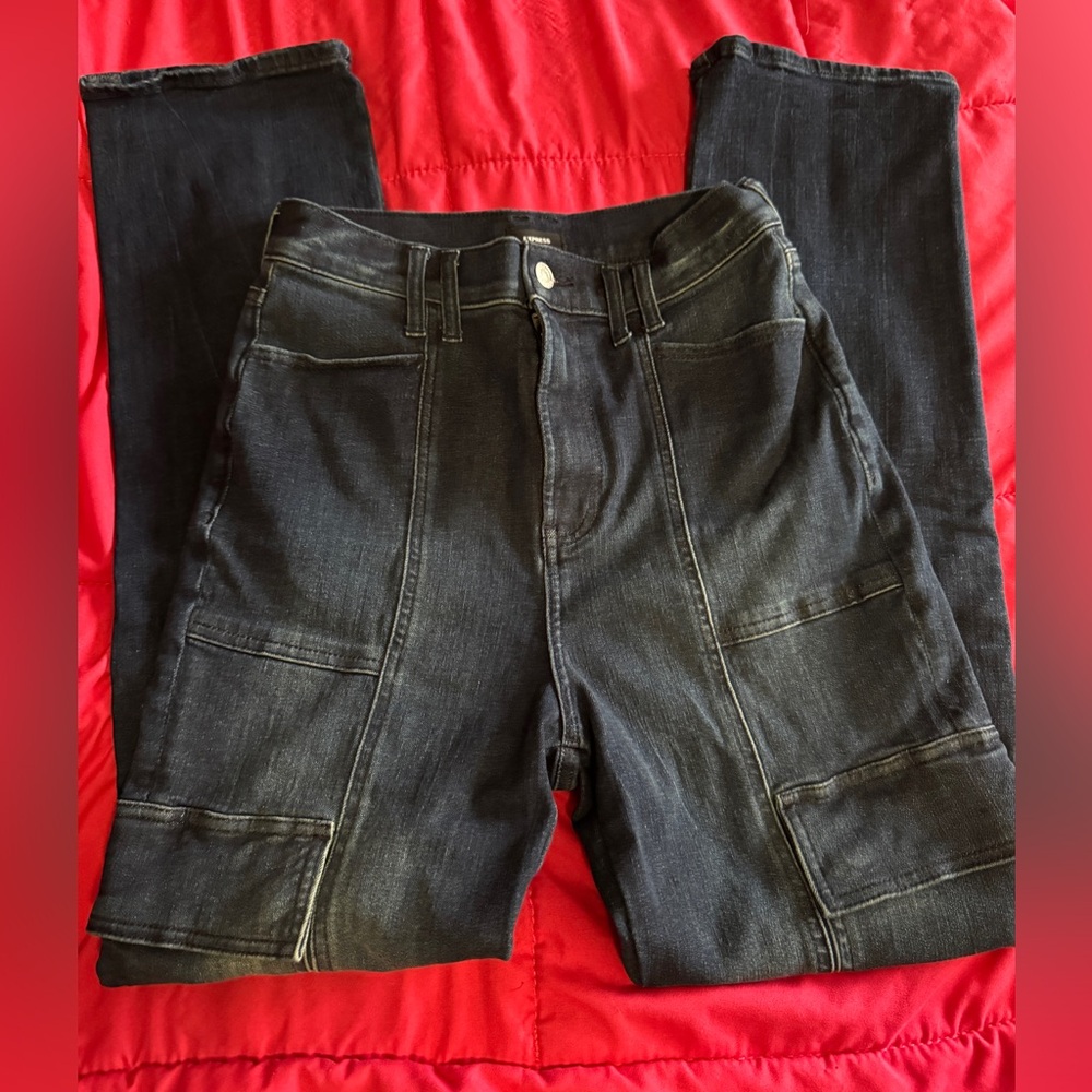 Express Super High Waisted Slim Cargo Jeans